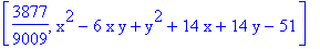 [3877/9009, x^2-6*x*y+y^2+14*x+14*y-51]